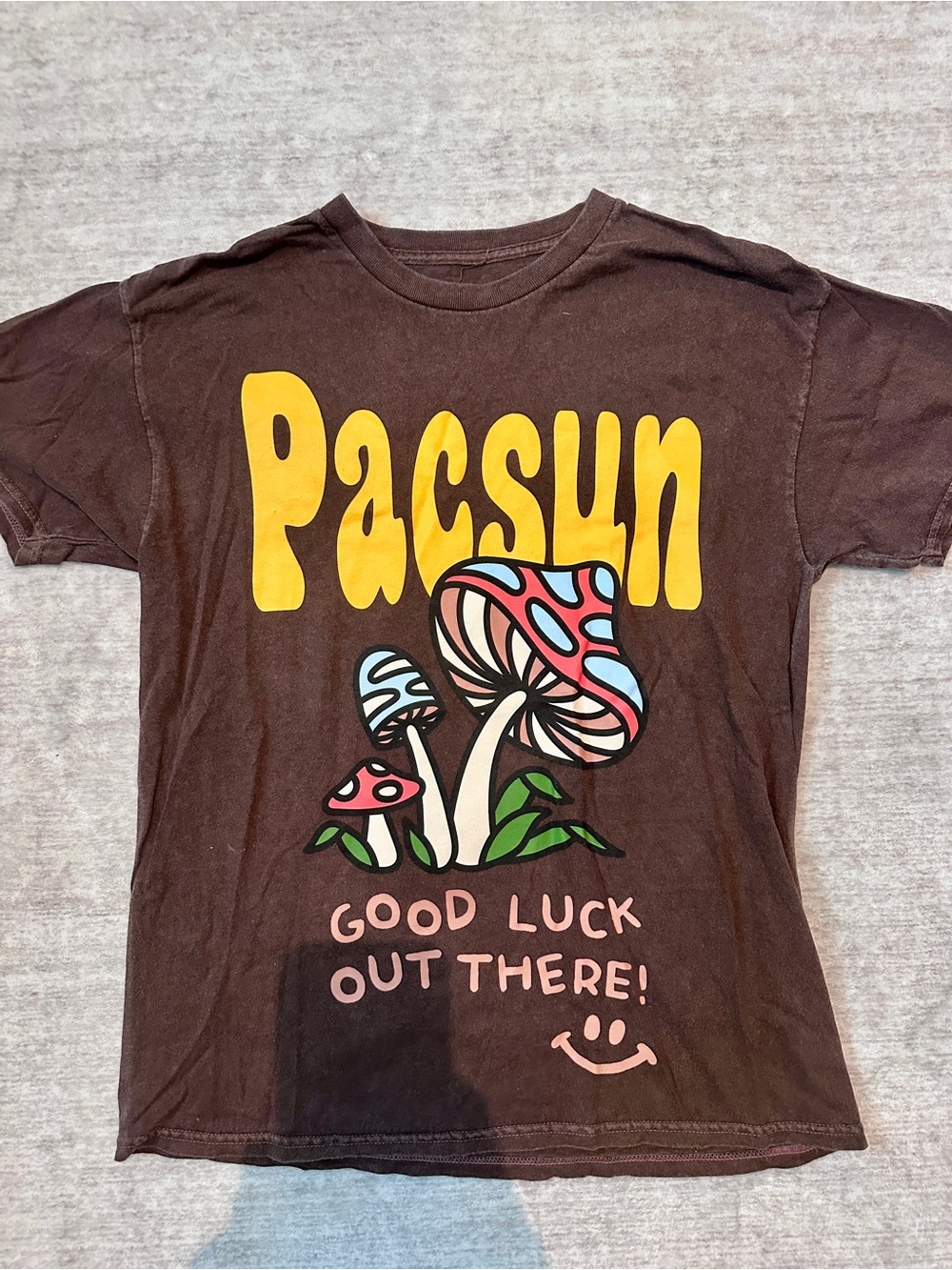 PacSun Brown Graphic Tee with Yellow Logo & Multicolor Mushroom Art